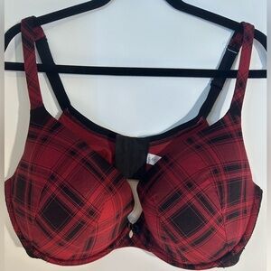 Cacique Red and Black Plaid up lift plunge Bra SZ 44DD back hook closure